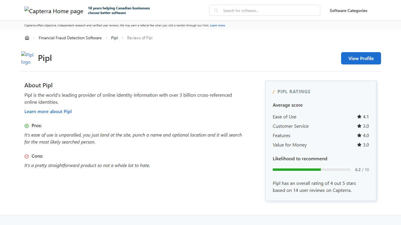 Pipl Reviews from Verified Users - Capterra Canada 2026